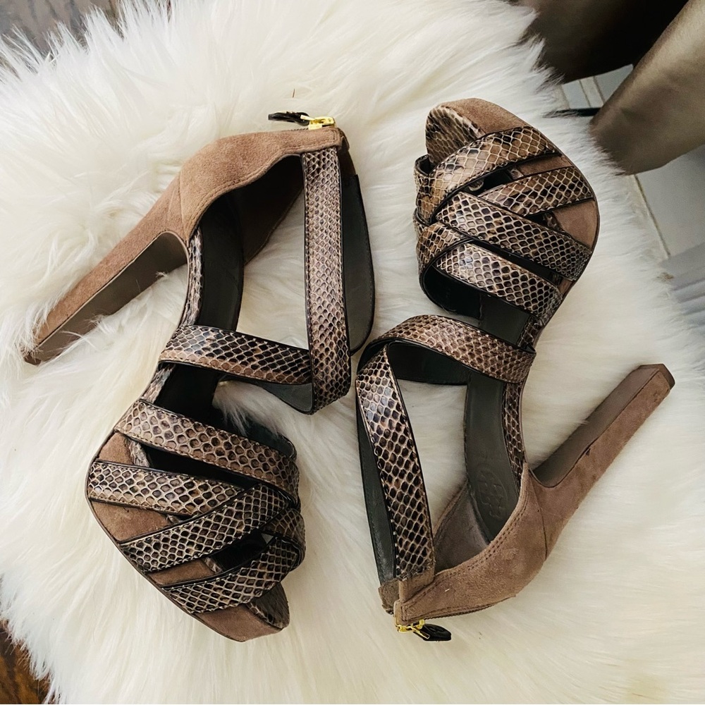 Tory Burch Python Leather and Suede Platform Heel Sandals